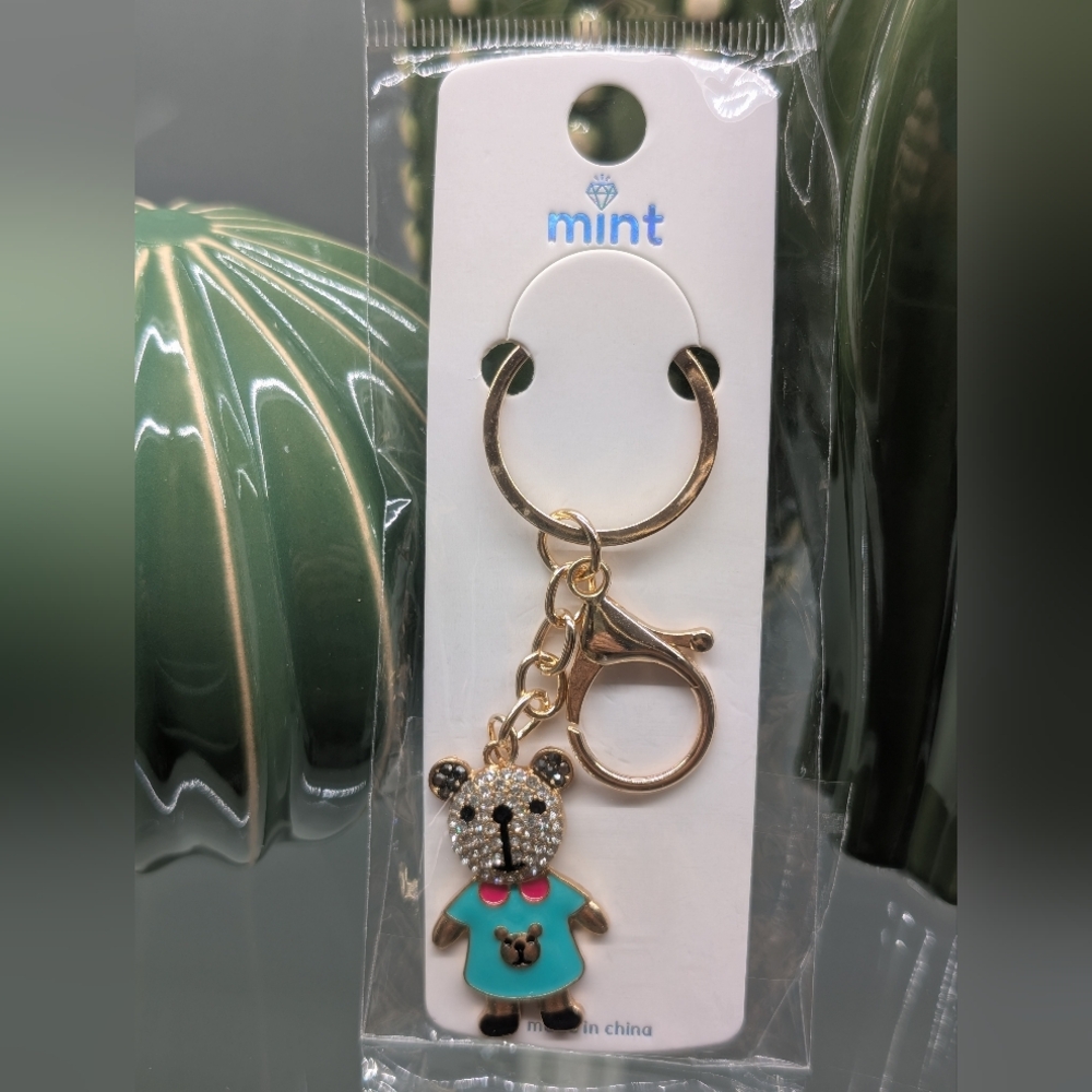 Bear Or Dog Keychain/Bagcharm By Mint with Gold and Teal Accents